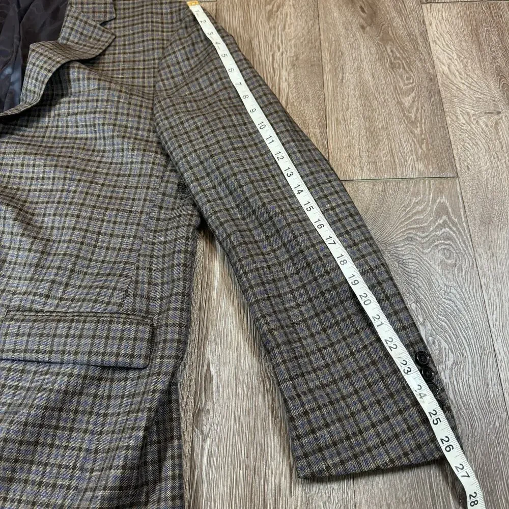 Hickey Freeman 46R Gingham Check Linen Wool Blend Blazer Sport Coat Brown Blue